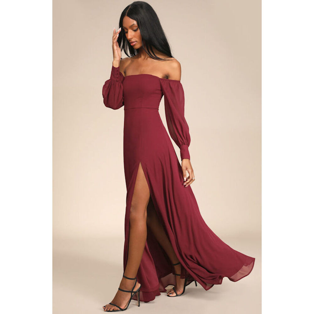 Lulus Feel The Romance Burgundy Off-the-shoulder Maxi Dress Red - Size XS
